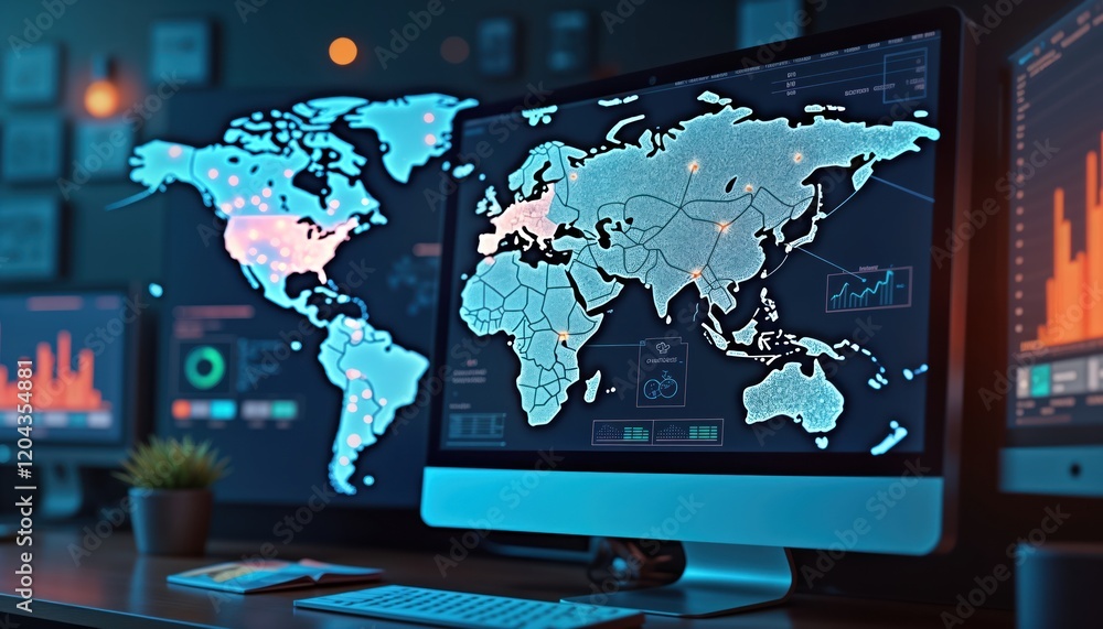 Fototapete Global network map displayed on computer screen. Visual representation of cyber risks. Worldwide network connections displayed with visual aids. Network vulnerabilities highlighted on map. Possible