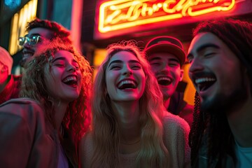 Obraz premium Lively group celebrating at night, illuminated by vibrant neon l