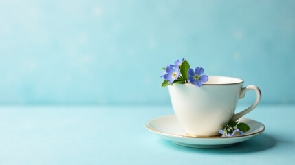 Fototapeta premium A delicate porcelain teacup, adorned with tiny blue blossoms, rests on a matching saucer against a serene light blue backdrop. The image evokes feelings of tranquility and springtime charm.