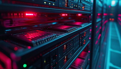 Fototapeta premium close up of racks in a data storage server room