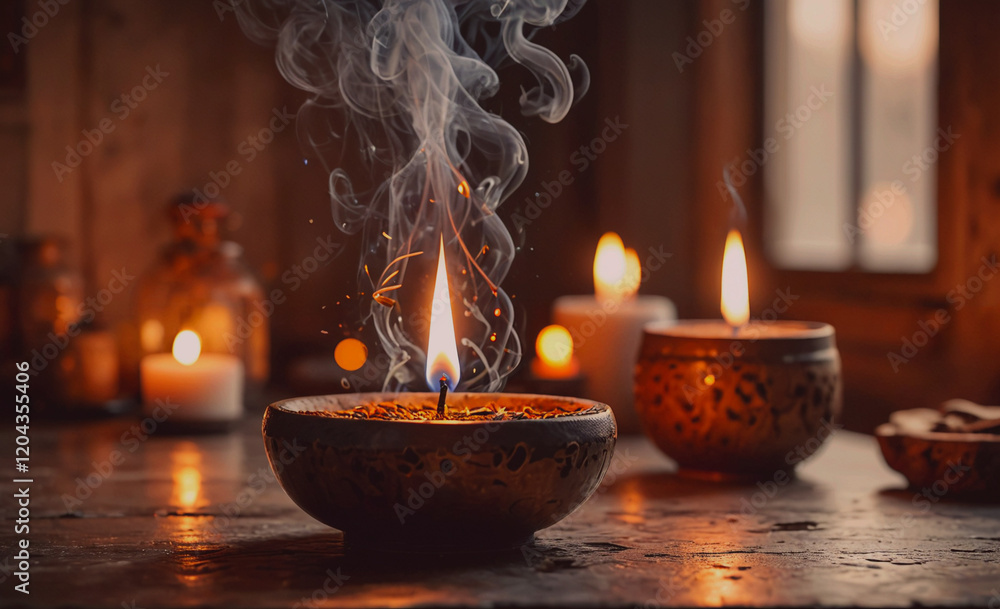 Poster table with three candles, one of which is lit. the other two candles are unlit. the lit candle is su