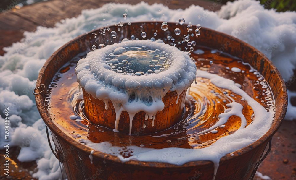 Poster bucket of water with foam on top. the foam is white and the water is brown. the bucket is on a woode