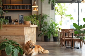 Cozy café interior featuring relaxed dog amidst lush greenery an