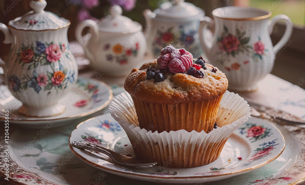 Poster cupcake sits on a plate next to a teapot and a cup. the cupcake is topped with blueberries and raspb