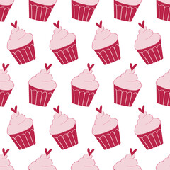 A seamless pattern with pink cute cupcakes. Valentine's Day print. Background, wallpaper, wrapping paper, fabric template