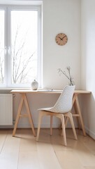 A spacious and minimalist modern home office in the Scandinavian style, featuring a sleek, light-wooden desk with a subtle grain pattern, paired with a ergonomic chair in a pale gray color