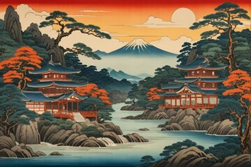 painting of a mountain scene with a river and pagodas