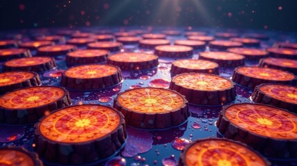 Intricate Wooden Discs Adorn a Dark, Reflective Surface, Glimmering with Ethereal Light and Subtle Sparkle