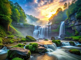 Fototapeta premium Tennessee's Burgess Falls veiled in fog, a dreamy double exposure captures the waterfall's magic.