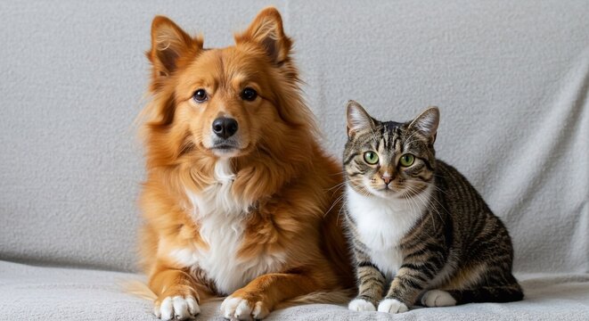 A cat and dog cuddling together on the sofa