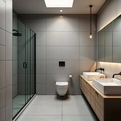 Modern light gray bathroom with gray flooring in factory building. Simple design. Wall tiles, modern fixtures. Shower, double sink vanity included. Luxurious feel. Minimalist style. Ideal for modern