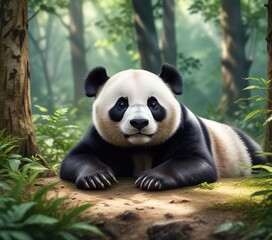 Obraz premium Whimsical watercolor illustration of a panda resting in a forest setting, forest, illustration