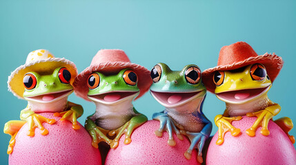 Obraz premium Whimsical Frogs in Cowboy Hats, a playful collage featuring four adorable frogs sporting colorful cowboy hats, exuding charm and personality.