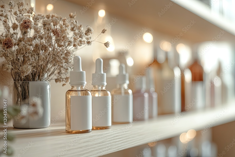Poster elegant shelf displaying various skincare bottles, highlighted b