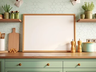 Blank white picture frame mockup on a modern kitchen wall with light green cabinets and a hexagonal tile background. 