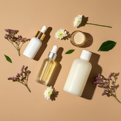 Natural skincare products, organic cosmetics, glass bottles, essential oils, green leaves, white flowers, cream jars, beige background, minimalist composition, spa elements, holistic beauty, eco-frien
