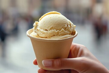 Creamy ice cream in cup held by hand, perfect for warm summer da