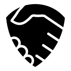 Shield badge with handshake inside. Defend business deal symbol. Security partnership sign. Vector illustration isolated on white.