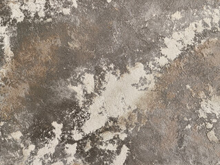A grey and white wall with a lot of texture (stucco background). The wall is covered in a variety of different sized rocks and pebbles. 