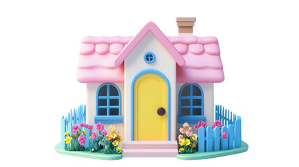Cute Toy-Like Fairy Tale House with Pink Roof and Colorful Flowers &ndash; 3D Illustration  on a transparent background	



