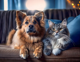 Cat and dog together on the sofa 