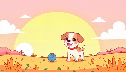 Fototapeta premium Excitable puppy playing with a blue ball at sunset, joyful energy
