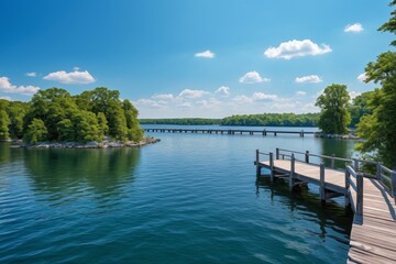 there is a wooden dock on the water near a bridge