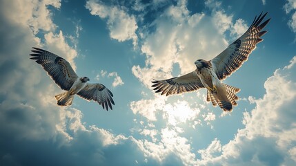 Obraz premium Human and hawk racing through a cloudy sky, showcasing human speed and aerial grace alongside the majestic flight of the bird in a high-altitude race