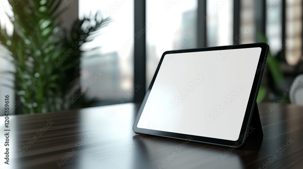 Poster blank tablet on a wooden desk with a soft-focus background of modern office space and greenery
