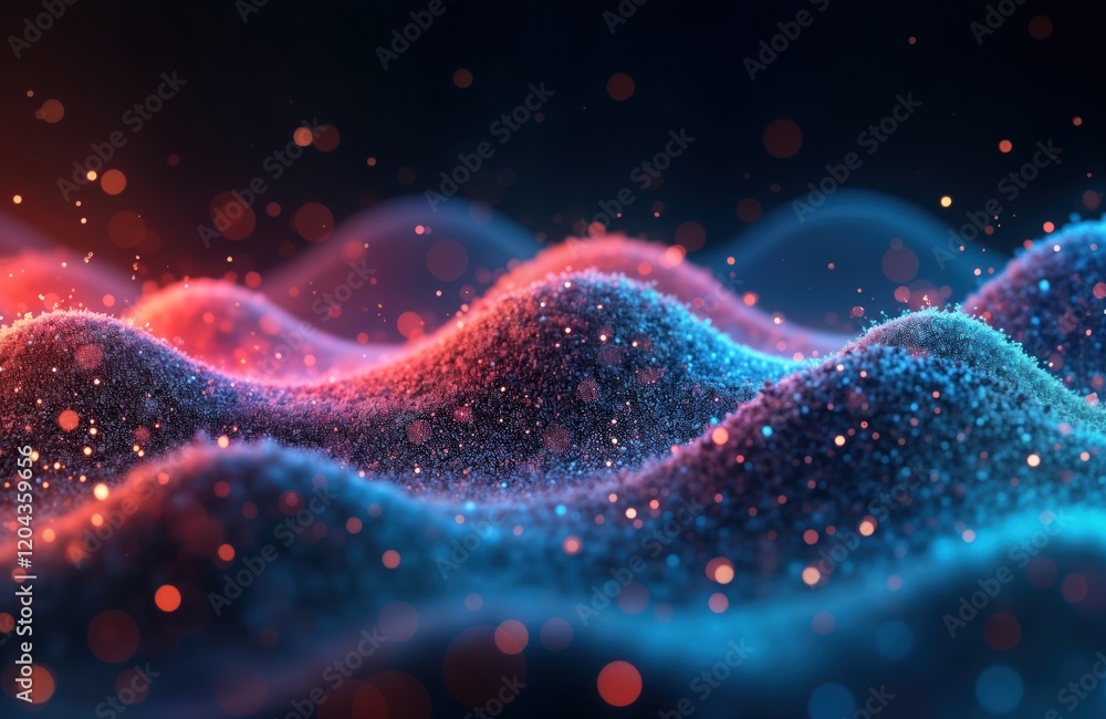 Poster abstract futuristic digital landscape. data transfer concept. waves of glowing particles. colorful e