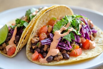 An appetizing taco served on a white plate filled with black beans, tomatoes and cabbage
