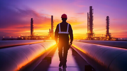 Nighttime view of illuminated oil refinery with pipelines and chimneys, sunset sky in orange and purple hues
