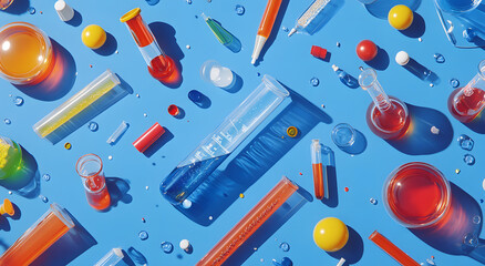  Colorful Laboratory Glassware and Molecular Models on a Bright Background