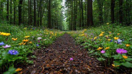 Fototapeta premium Forest path with wildflowers, nature trail, serene background, springtime hike, nature photography