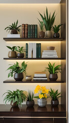 Fototapeta premium Stylish Home Decor Shelf with Books and Indoor Plants – Modern Interior Inspiration