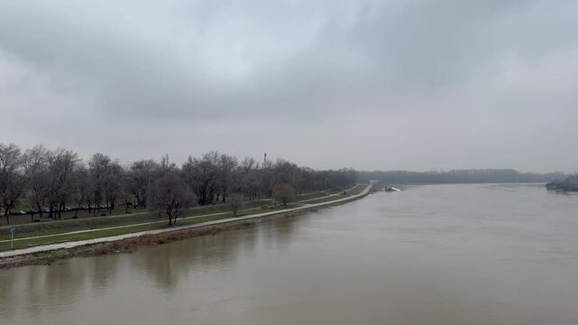 Scenic Belgrade vista viewed from the Brankov Bridge over Sava river in winter, Serbia