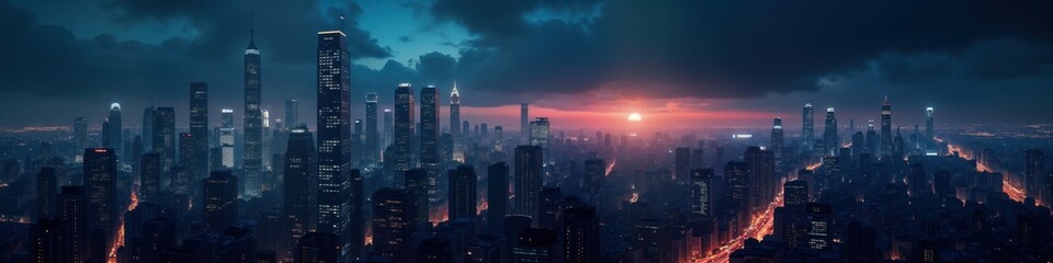 Obraz premium Vast metropolis at dusk. Skyscrapers illuminated by city lights. Modern architecture dominates skyline. Traffic flows below. Dynamic urban landscape. Futuristic, illuminated cityscape at twilight.