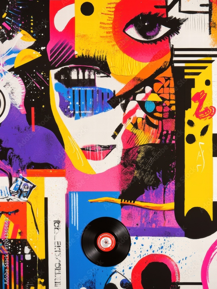 Aufkleber Vibrant abstract art showcasing a womans face with colorful patterns and a vinyl record in a modern style. Generative AI
