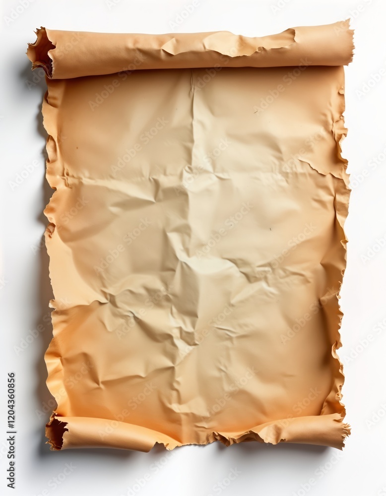 Poster wrinkled brown parchment paper rolled up with torn edges on white background. vintage look. suitable