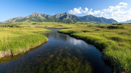 Serene mountain lake, grassy meadow, clear sky; nature background, travel poster