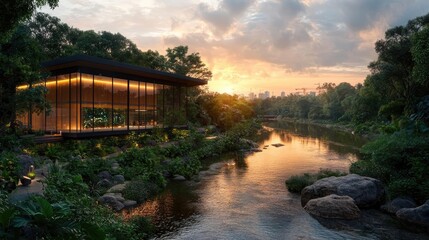 Fototapeta premium Sunset view of modern glass pavilion by river
