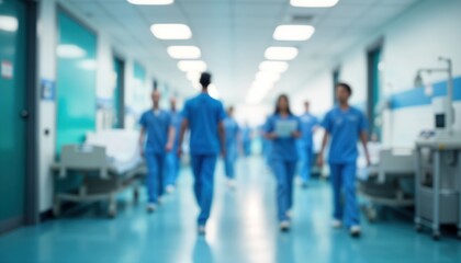 Medical staff members walk in hospital corridor. Doctors, nurses in blue uniforms moving through indoor hallway. Modern hospital interior with blurred background. Healthcare workers walking with