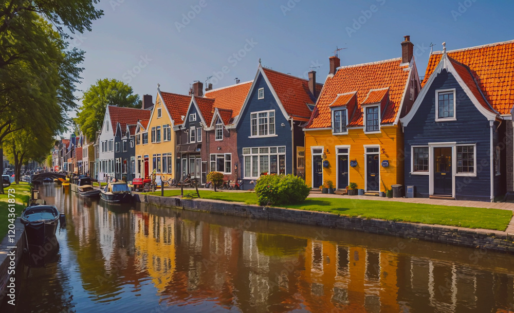 Poster row of colorful houses with a canal in between. the houses are lined up along the canal, with some o
