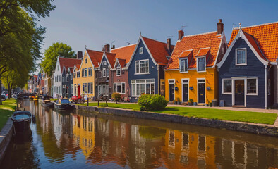 Row of colorful houses with a canal in between. The houses are lined up along the canal, with some of them having red roofs. The canal is filled with boats, including a few small ones and a larger one