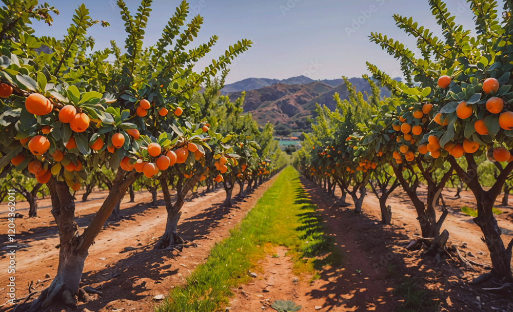 Poster Row of orange trees with many oranges on the branches. The trees are in a field with a dirt road in between them