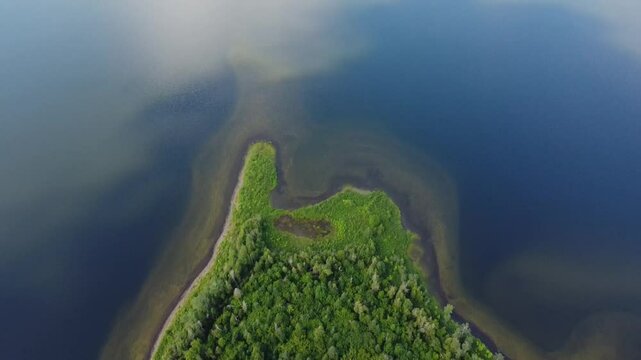 Vertical Drone Panorama of a Forested Peninsula Enclosing a Hidden Lake at Lac Matapedia, Quebec, Canada