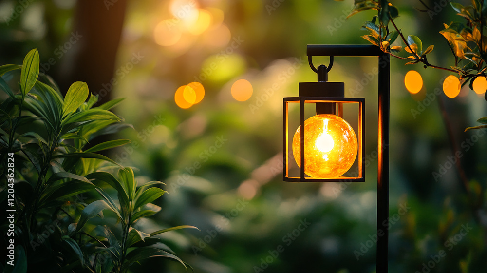 Poster warm illuminated outdoor lantern glowing in the evening with soft bokeh background