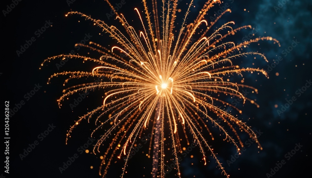 Poster golden fireworks explode against dark background. bright sparks and trails create spectacular displa