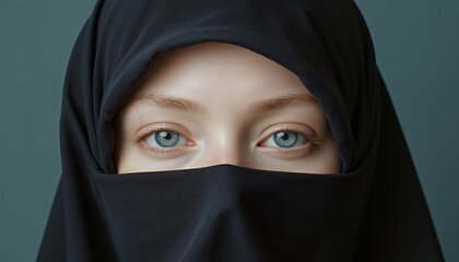 Naklejka premium Close-up portrait of a woman wearing a black hijab, her piercing blue eyes gazing directly at the camera, conveying a sense of mystery and quiet contemplation. The image is a study in contrasts: the d