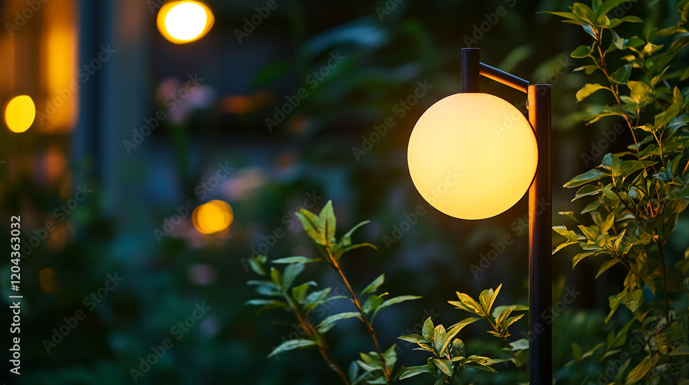 Poster glowing outdoor lantern in garden with warm bokeh background and soft evening light